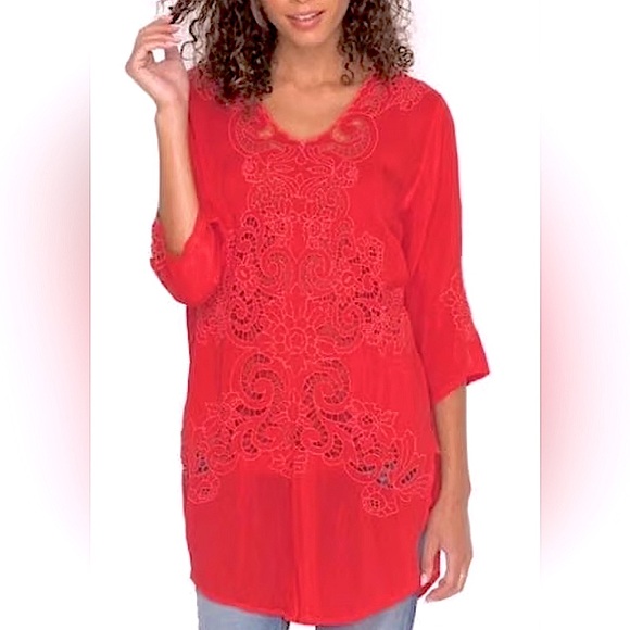 Johnny Was Arlene embroidered boho Appliqué long sleeve tunic top red Medium - Picture 2 of 10